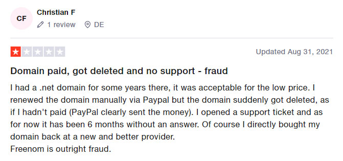 freenom trustpilot domain deleted