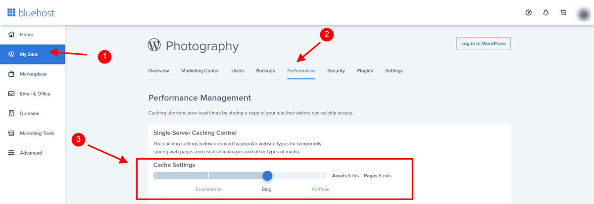 Bluehost Disable cache options o ndashboard