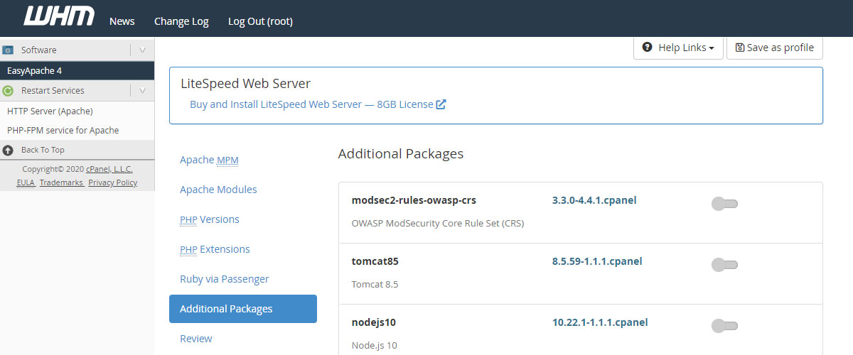 Bluehost Nodejs EasyApache 4 interface