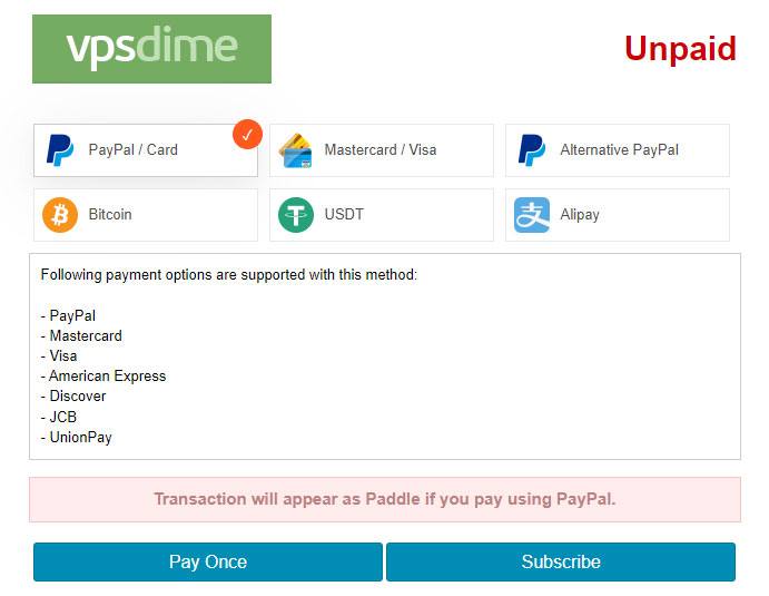 vpsdime paypal checkout availability