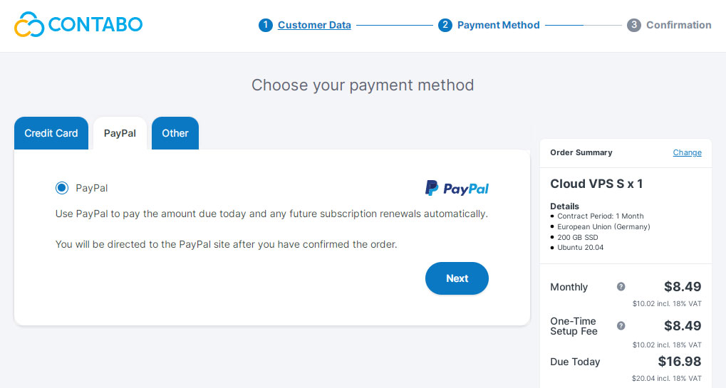 contabo checkout with paypal