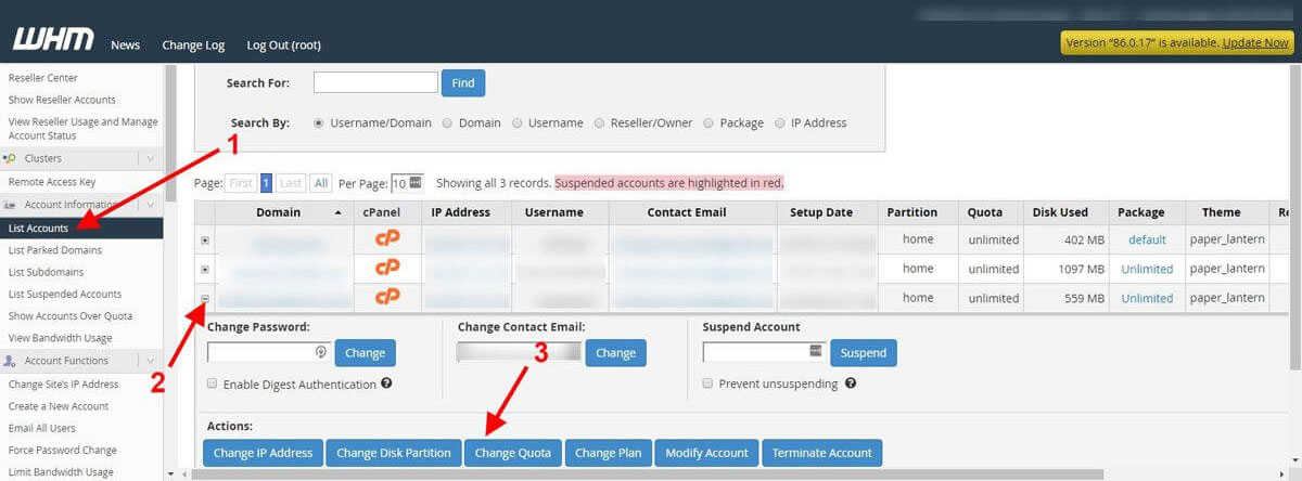 WHM - Increase user quota allocation in the cPanel server