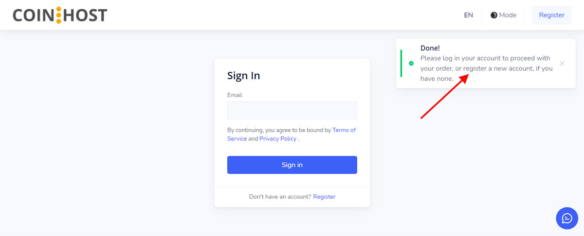 coinhost bitcoin after registration