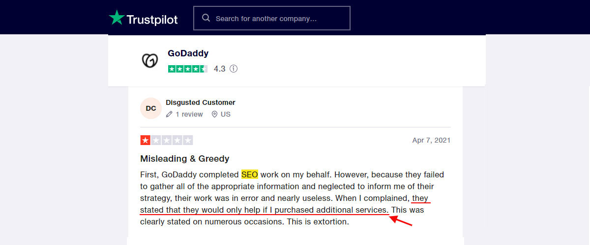 Godaddy TrustPilot Review