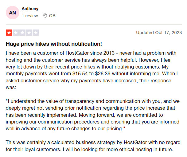 hostgator review on trustpilot