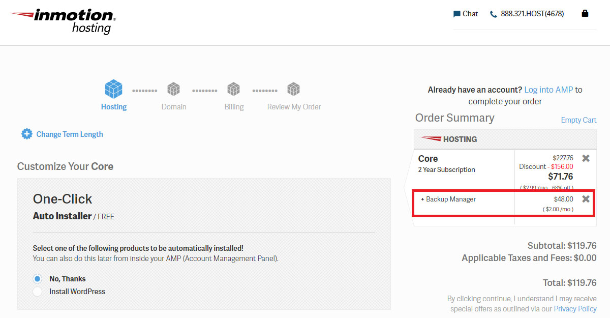 inmotion hosting backup manager on the checkout page